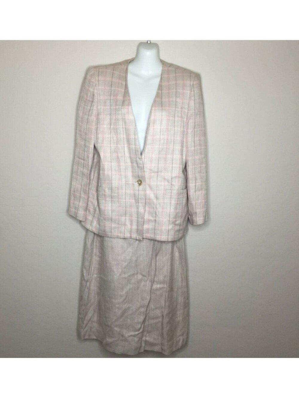 Michelle Stuart Vintage Pink Gray Skirt Suit Set Long Sleeve Jacket Blazer Offic